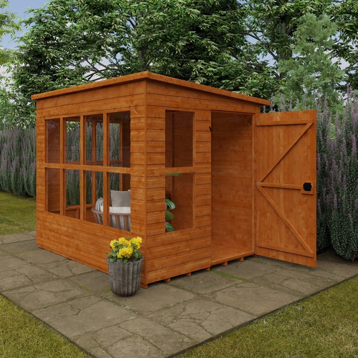 Lookout wooden garden shed with 14 fixed windows, shiplap tongue-and-groove cladding, and open door in garden setting