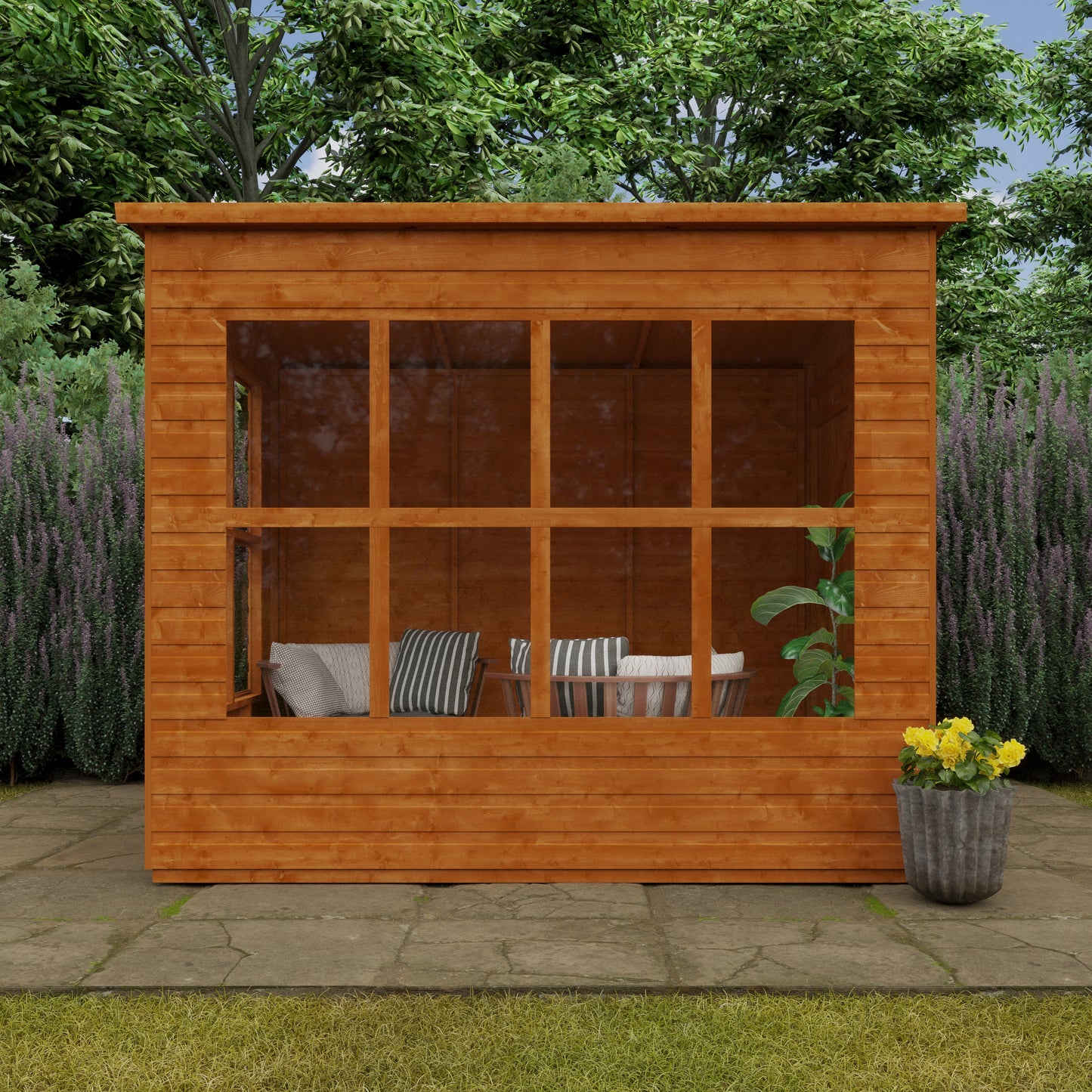 Lookout wooden garden shed with 14 fixed windows, shiplap tongue-and-groove cladding, and glass panels in garden setting