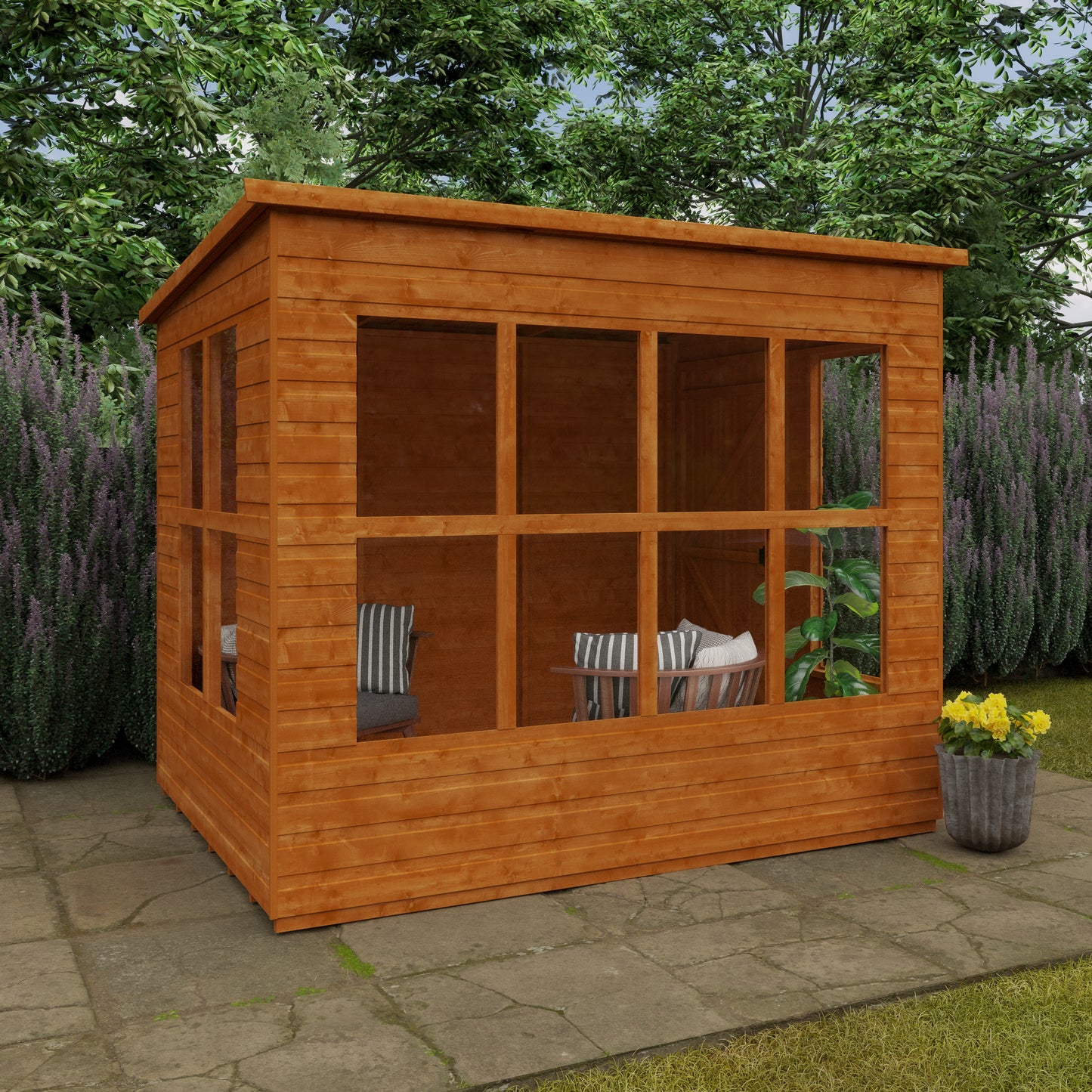 Lookout wooden garden shed with 14 fixed windows, glass panels, and shiplap tongue-and-groove cladding in garden setting