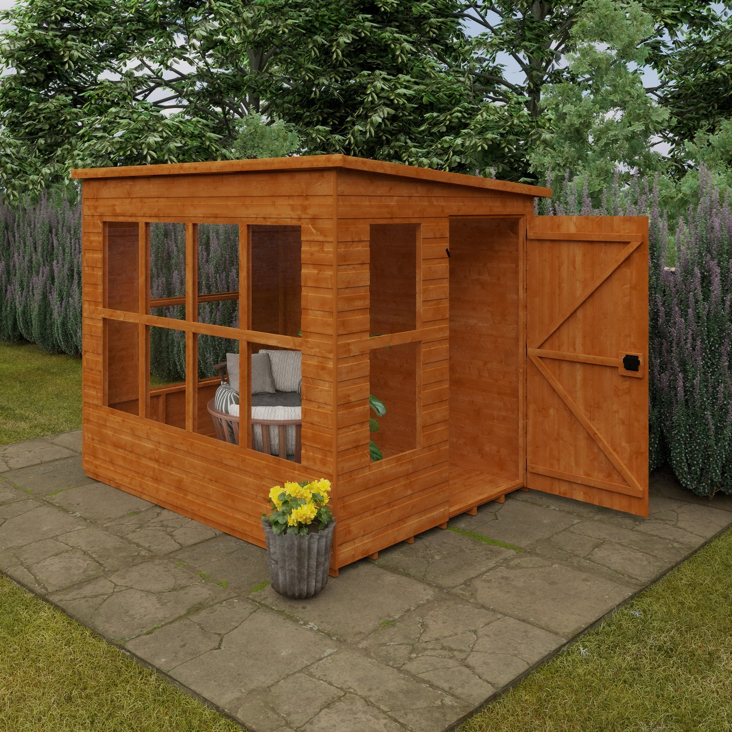 Lookout wooden garden shed with 14 fixed windows, shiplap tongue-and-groove cladding, and pot of yellow flowers on stone patio