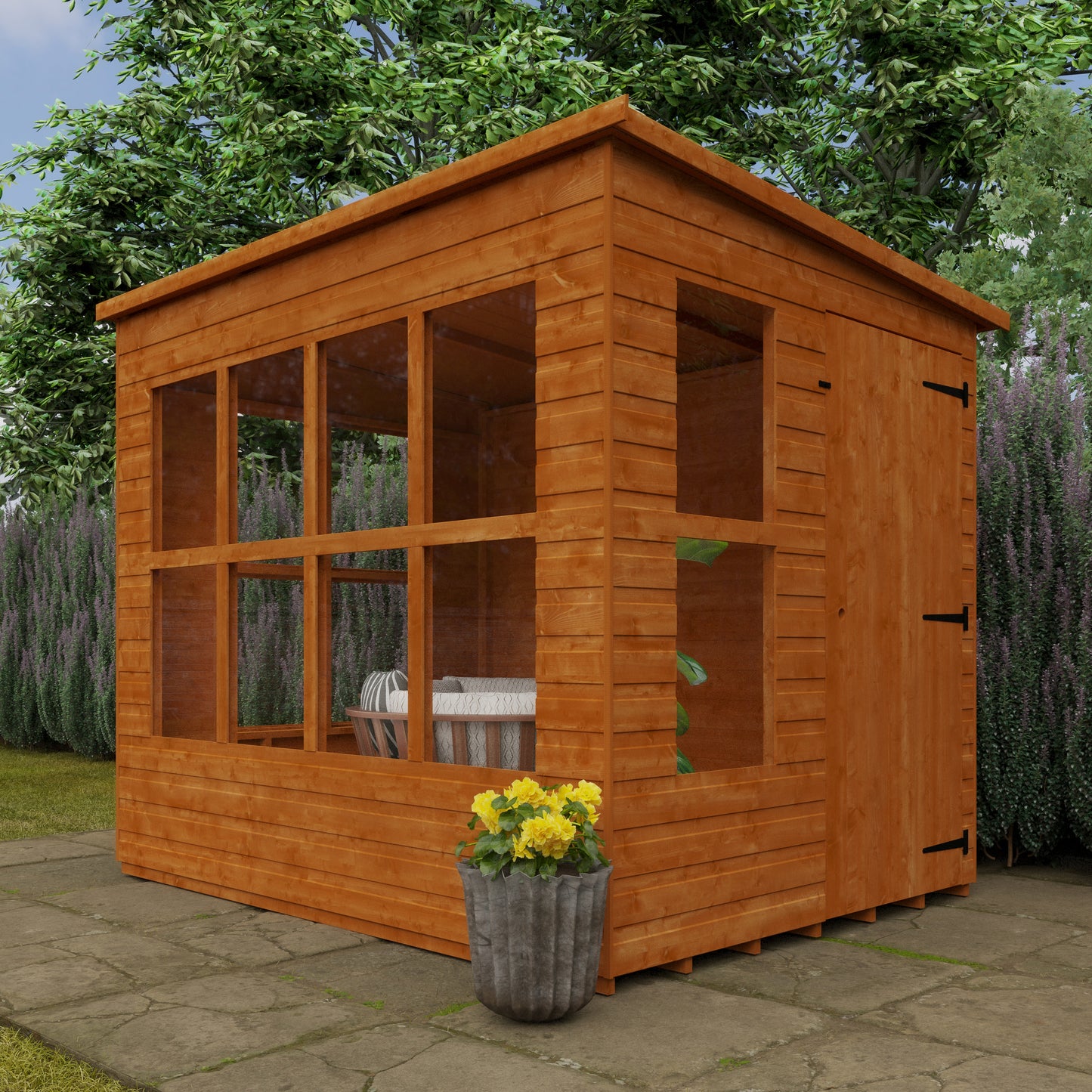 Lookout wooden garden shed with 14 fixed windows, shiplap tongue-and-groove cladding, and open door in garden setting