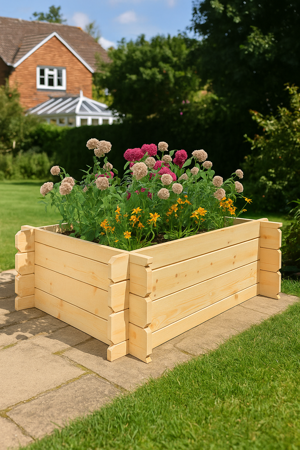 Meadowcrest wooden raised garden bed with interlocking log walls, planter box filled with flowers in garden setting