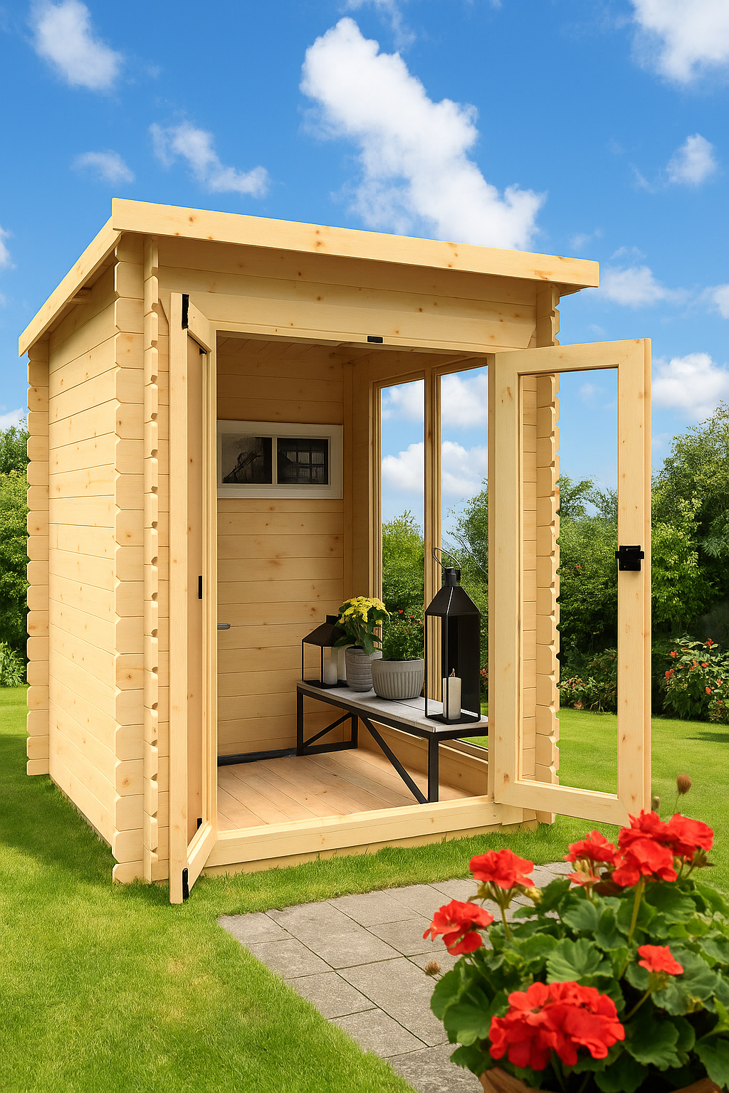 Millbank wooden garden cabin with full-pane glass double doors, glazed windows, black felt roof, open doors, and flowers under clear sky