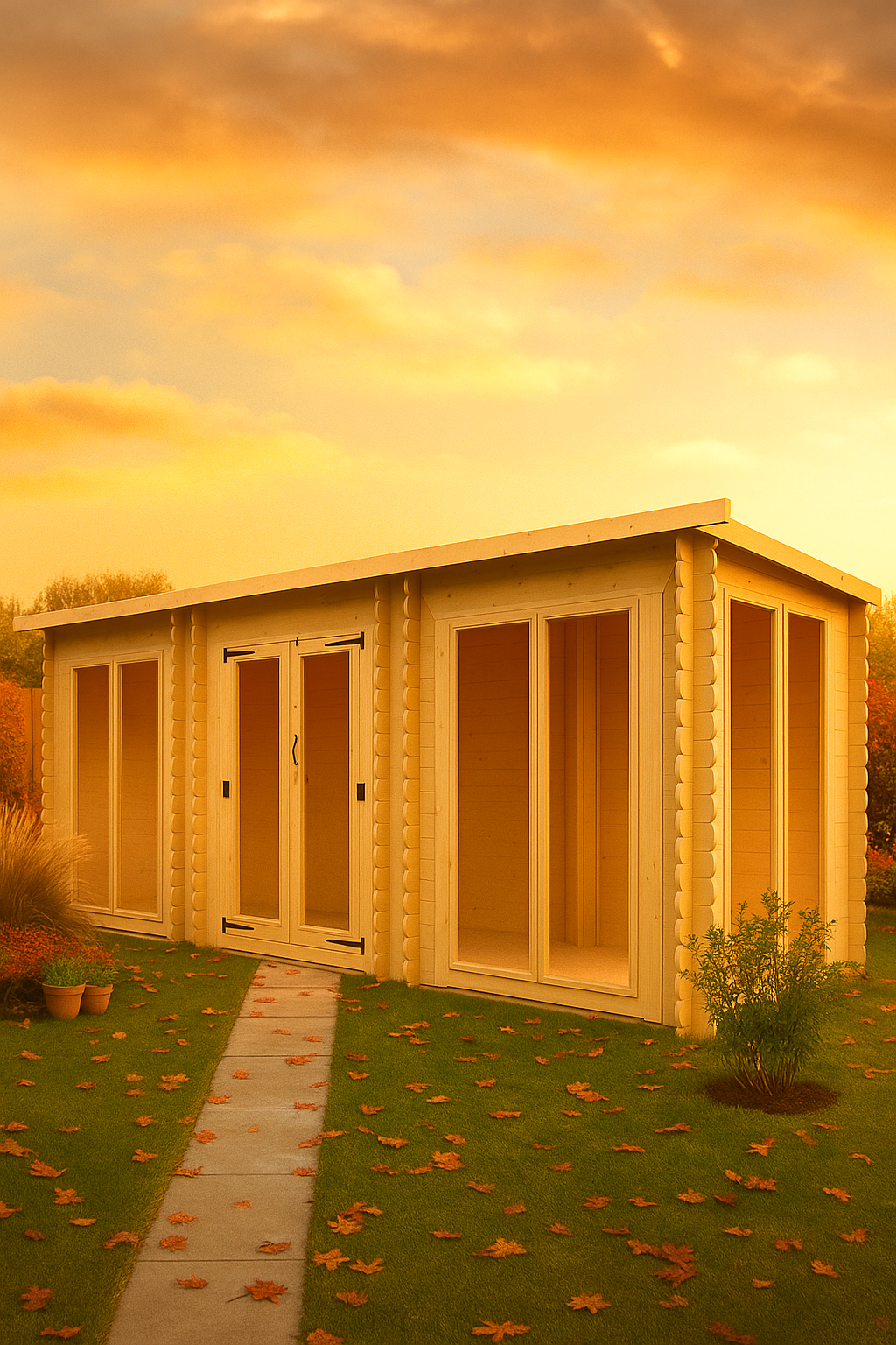 Millbank wooden garden cabin with full-pane glass double doors, glazed windows, and black felt roof with pathway leading to it during sunset