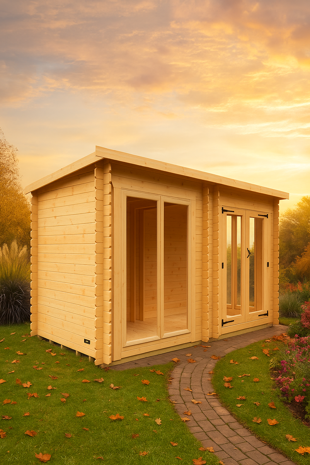 Millbank wooden garden cabin with full-pane glass double doors, glazed windows, and black felt roof on grassy area with sunset sky