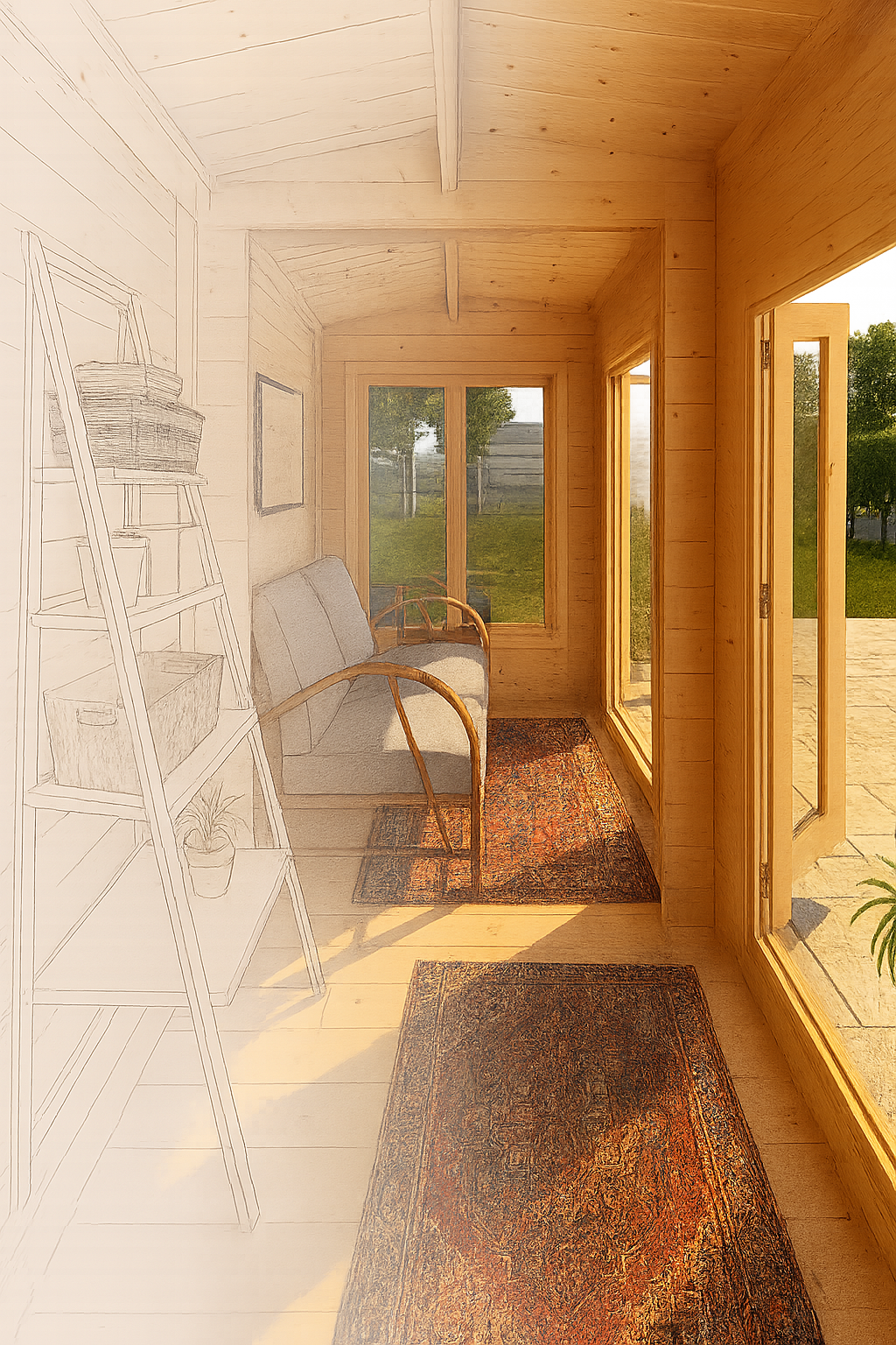 Millbank wooden garden cabin interior with chair and rug, showing before and after design process