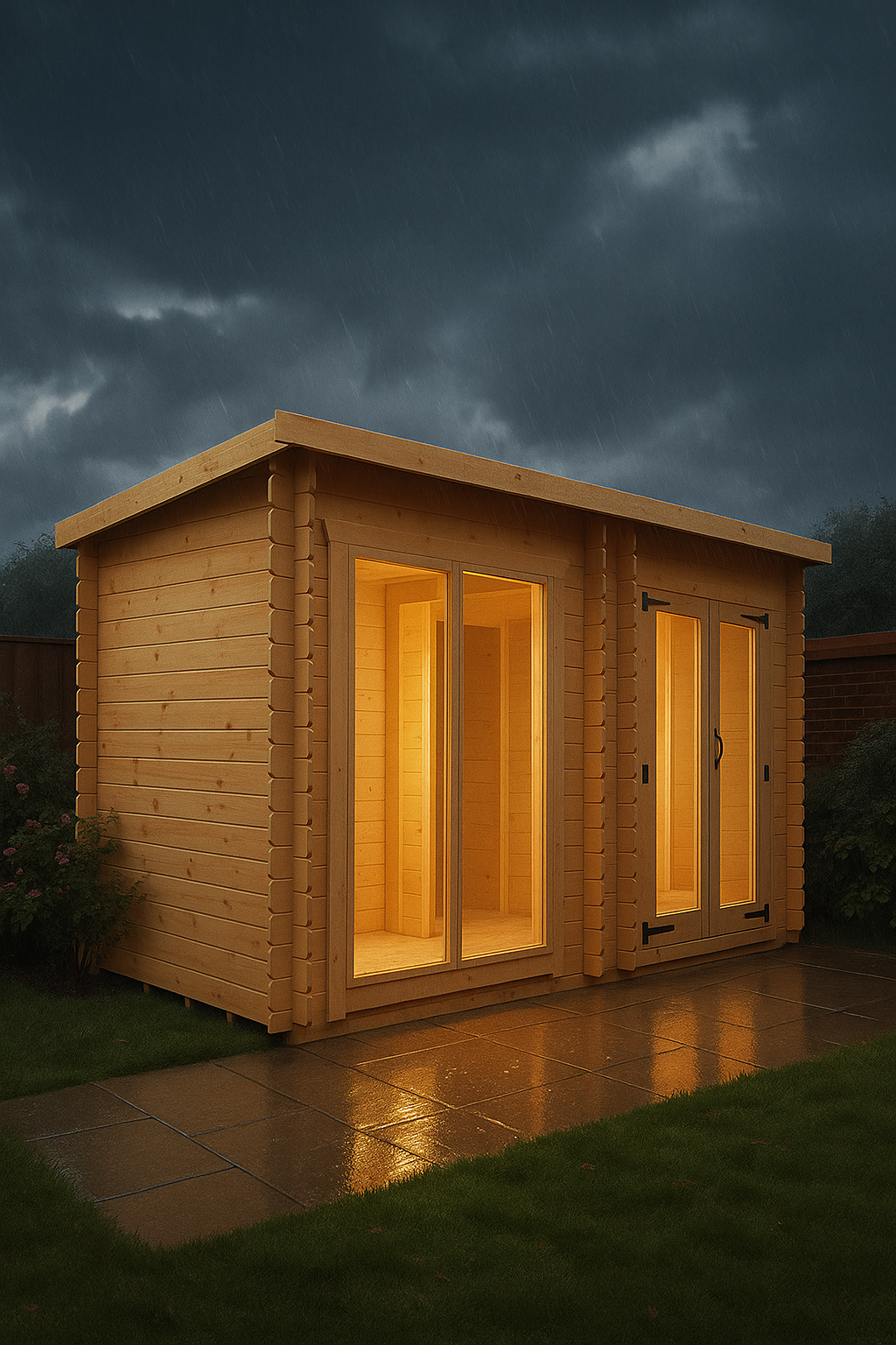 Millbank wooden garden cabin with full-pane glass double doors, glazed windows, and black felt roof illuminated under dark sky