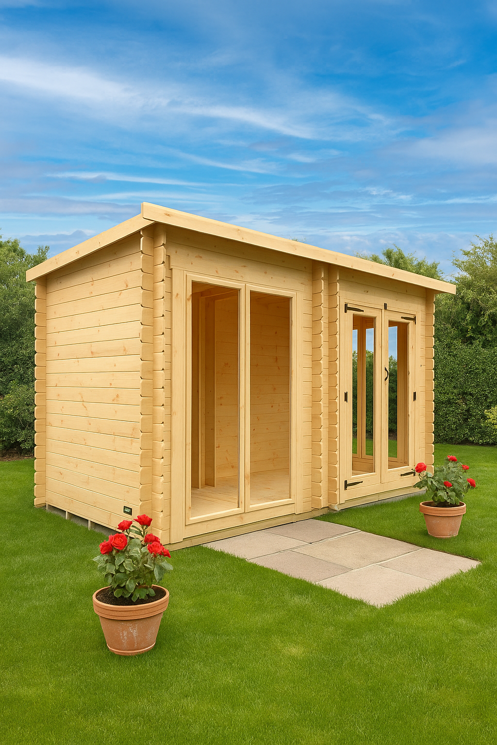 Millbank wooden garden cabin with full-pane glass double doors, glazed windows, and black felt roof set against blue sky and green grass background