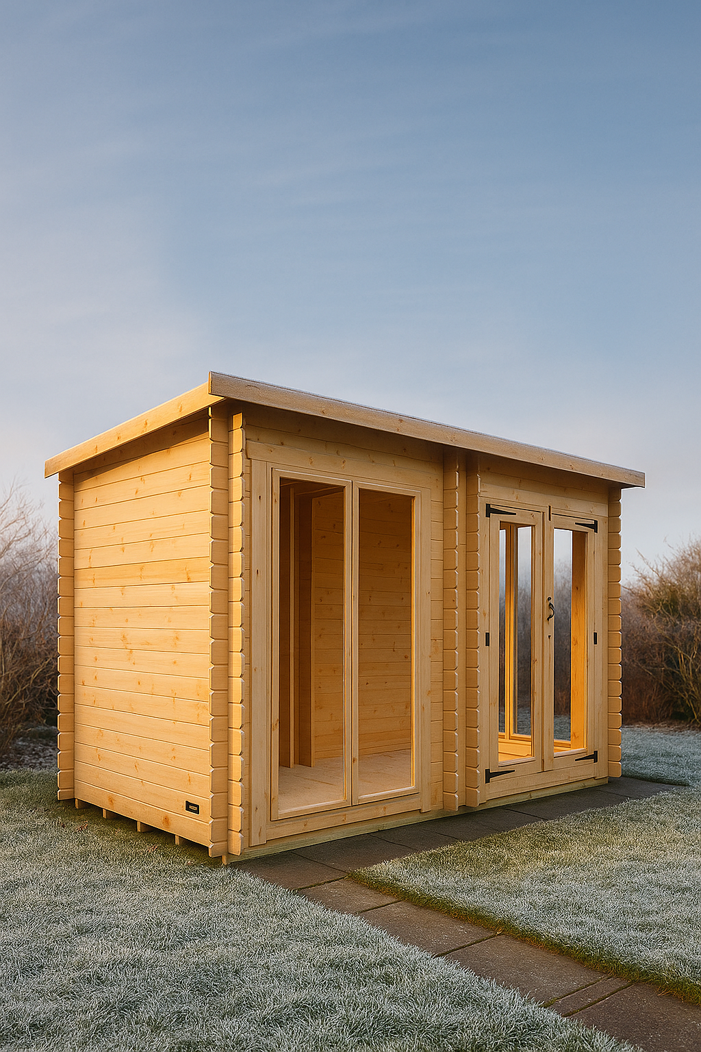 Millbank wooden garden cabin with full-pane glass double doors, glazed windows, and black felt roof on grassy area under clear sky