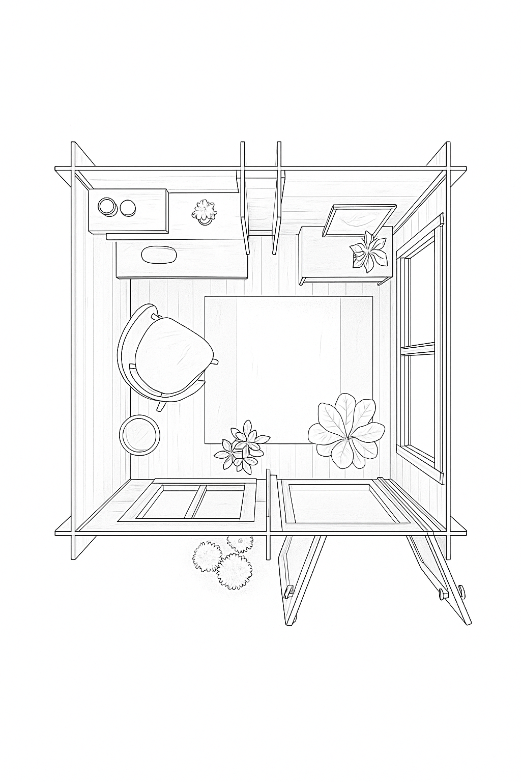 Line drawing of The Millbank Cabin with furniture and decor