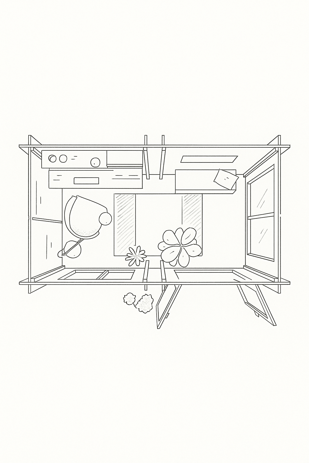 Line drawing of a small room with furniture and decor