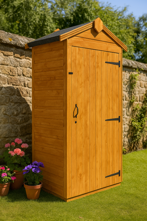 Millbridge wooden garden tool tower with shiplap tongue-and-groove cladding, gabled roof, and black felt covering on grass with potted plants