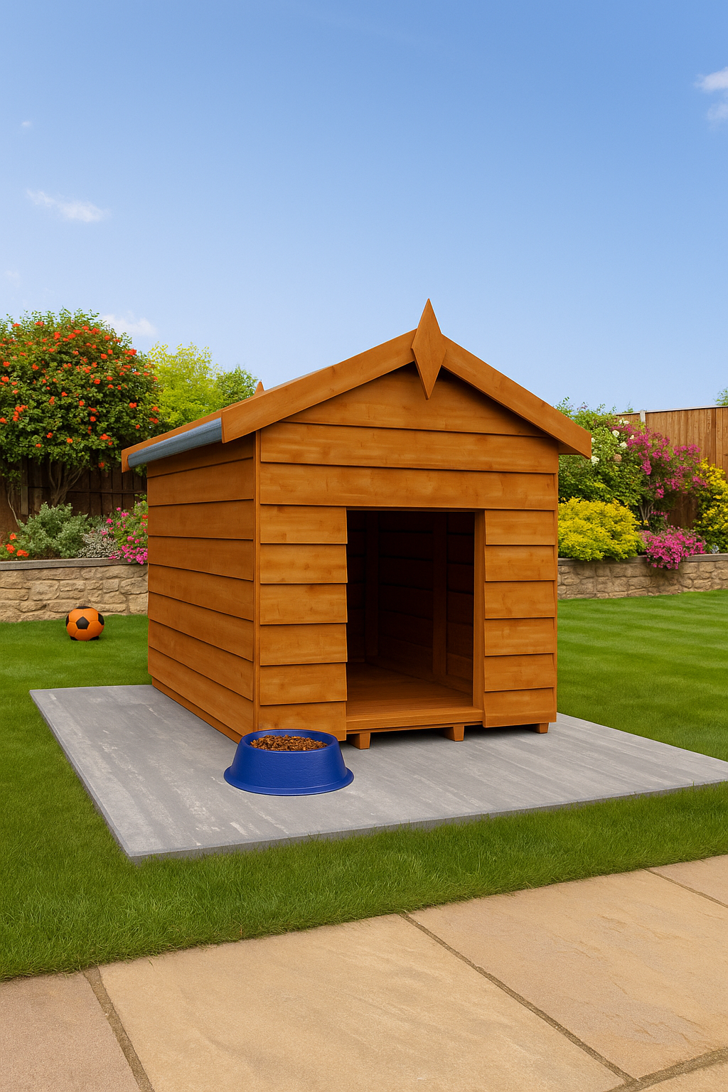 Oakleigh wooden dog kennel with shiplap tongue-and-groove cladding, black felt roof, with a blue bowl on a grassy area