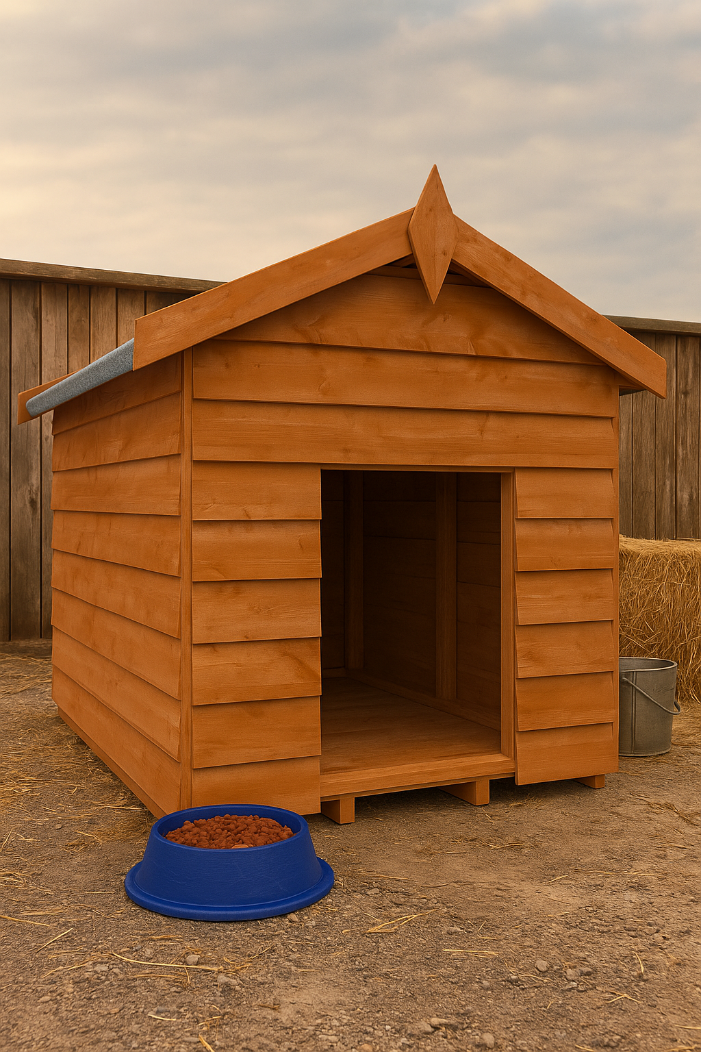 Oakleigh wooden dog kennel with shiplap tongue-and-groove cladding, black felt roof, and blue bowl on ground against wooden fence background