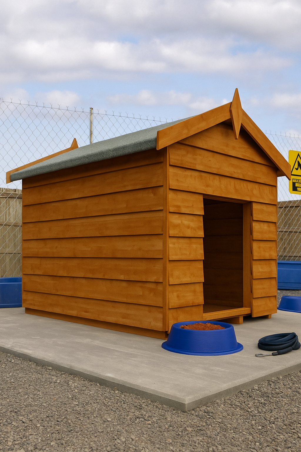 Oakleigh wooden dog kennel with shiplap tongue-and-groove cladding, black felt roof, blue bowl and hose on concrete slab against chain-link fence with blue tarps