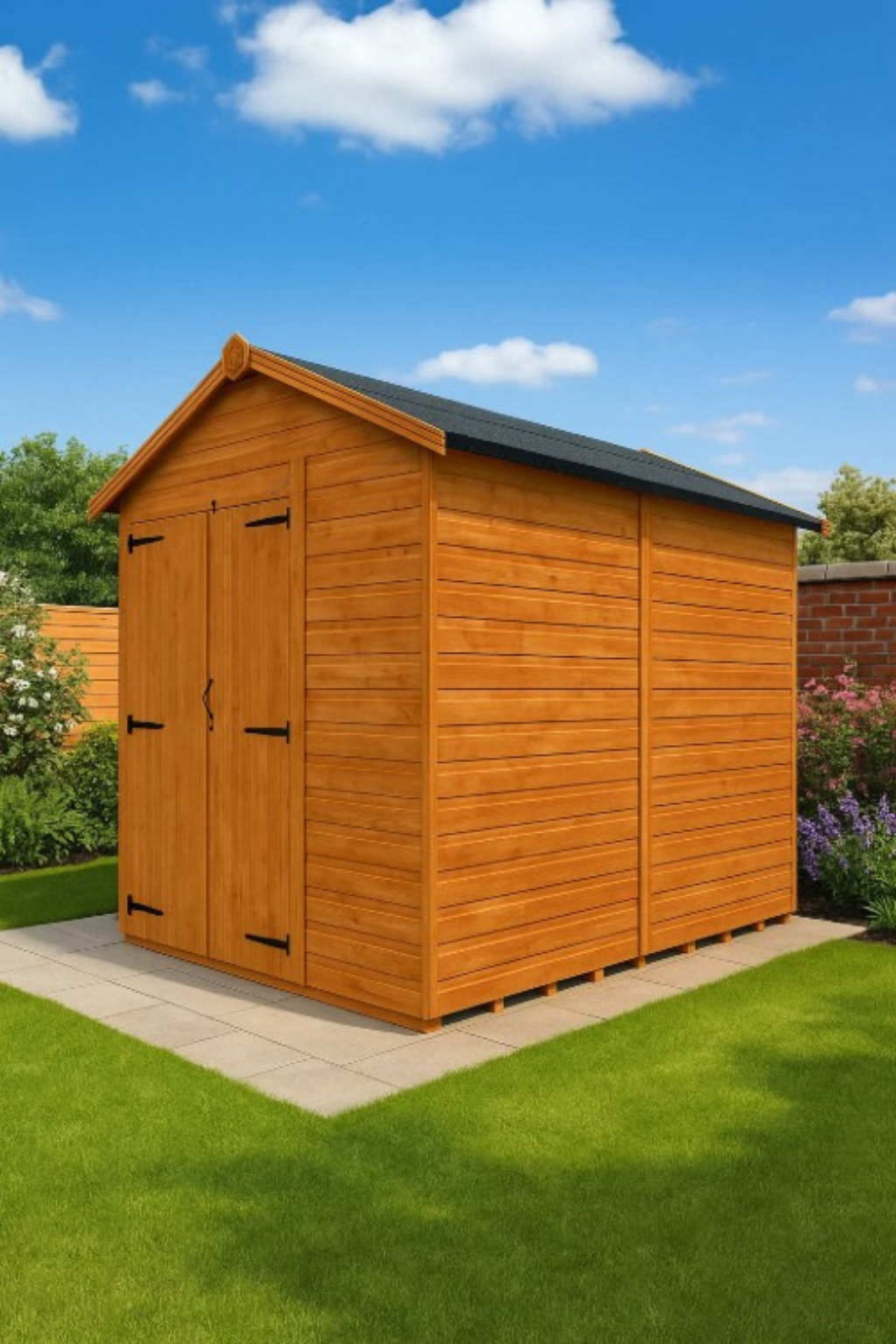 Oakley wooden garden shed with double doors, toughened glass windows, shiplap tongue-and-groove cladding, and black felt roof on grass under blue sky