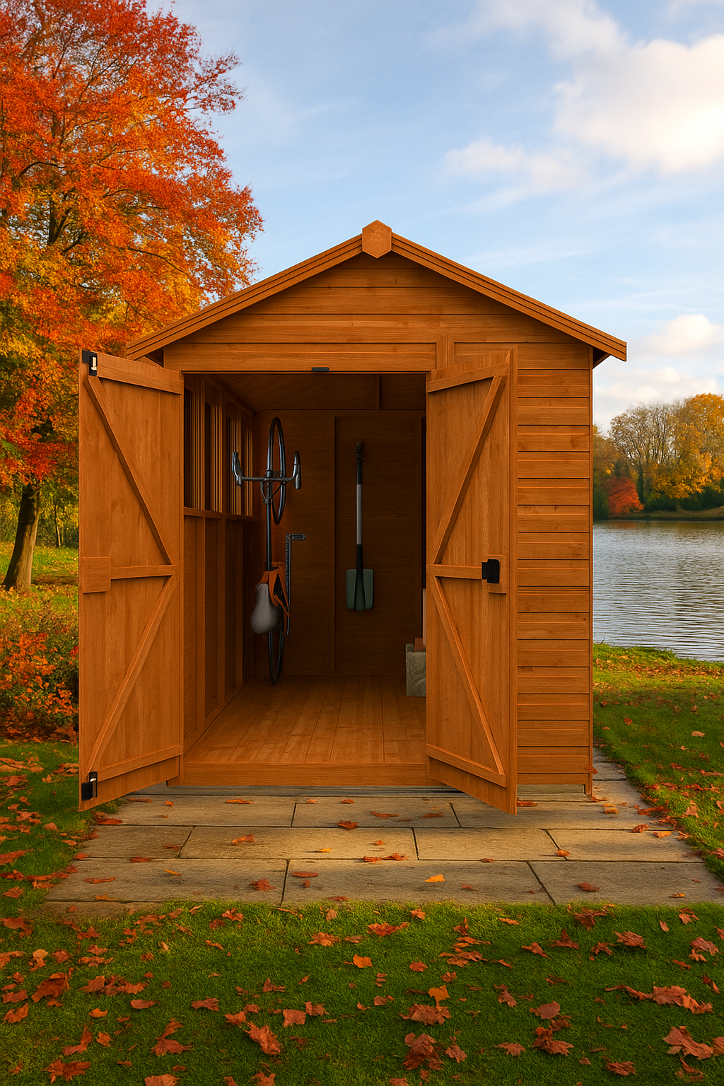 Oakley wooden garden shed with double doors, toughened glass windows, shiplap tongue-and-groove cladding, and black felt roof with open doors in autumn setting with trees and lake