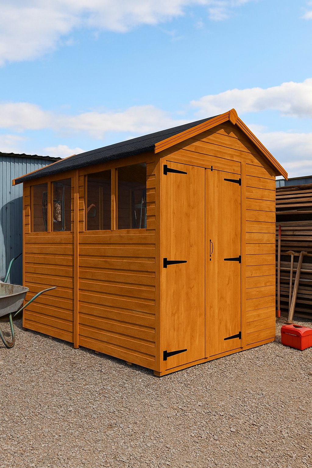 Oakley wooden garden shed with double doors, toughened glass windows, shiplap tongue-and-groove cladding, and black felt roof on gravel surface with blue sky