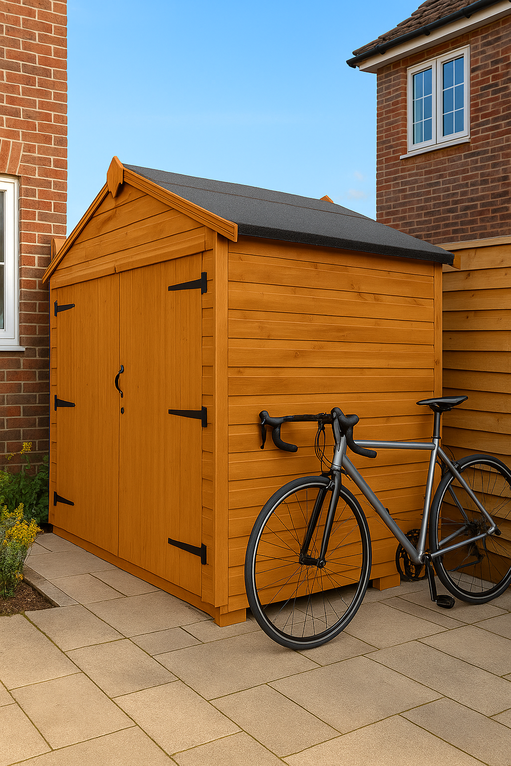 Parkside wooden bike store with shiplap tongue-and-groove cladding, black felt roof, and a bicycle on the side under in the back garden
