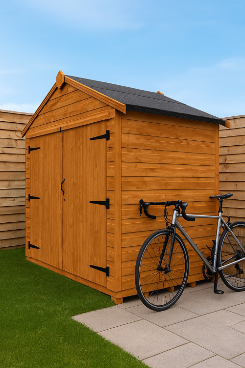Parkside wooden bike store with shiplap tongue-and-groove cladding, black felt roof, and bicycle attached to its side under clear blue sky