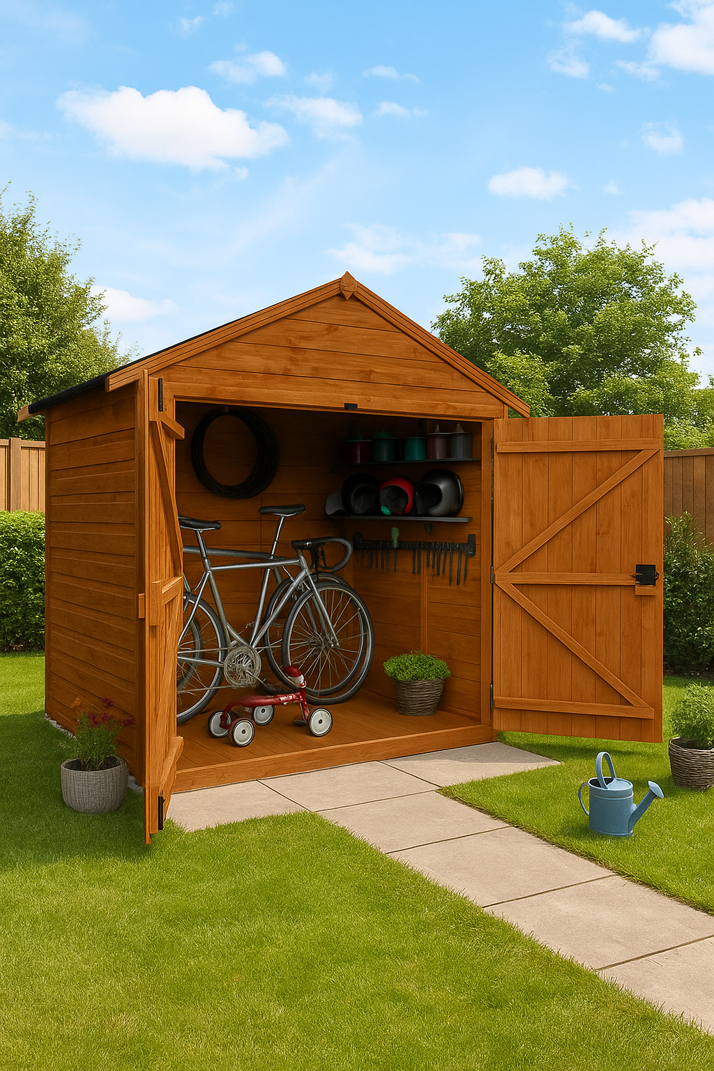 Parkside wooden bike store with shiplap tongue-and-groove cladding, open double doors showing bicycle inside on grassy area with trees and blue sky