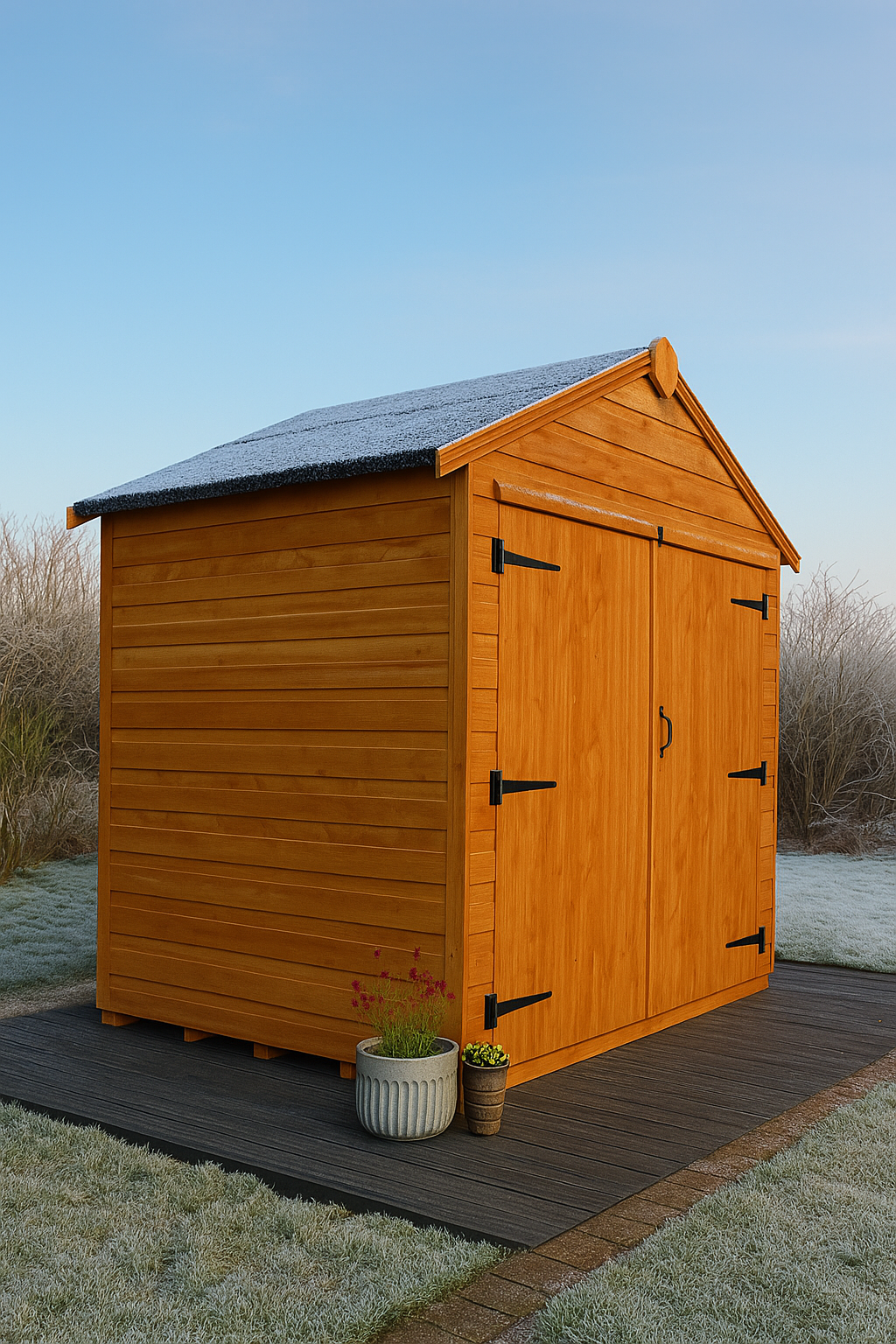 Parkside wooden bike store with shiplap tongue-and-groove cladding, grey felt roof on grassy area with clear frosty blue sky