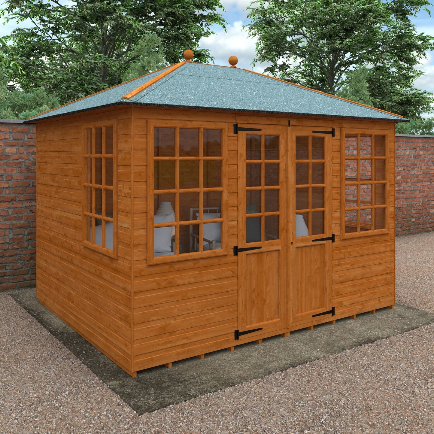 Pavilion wooden garden summerhouse with hipped roof, Georgian-style windows