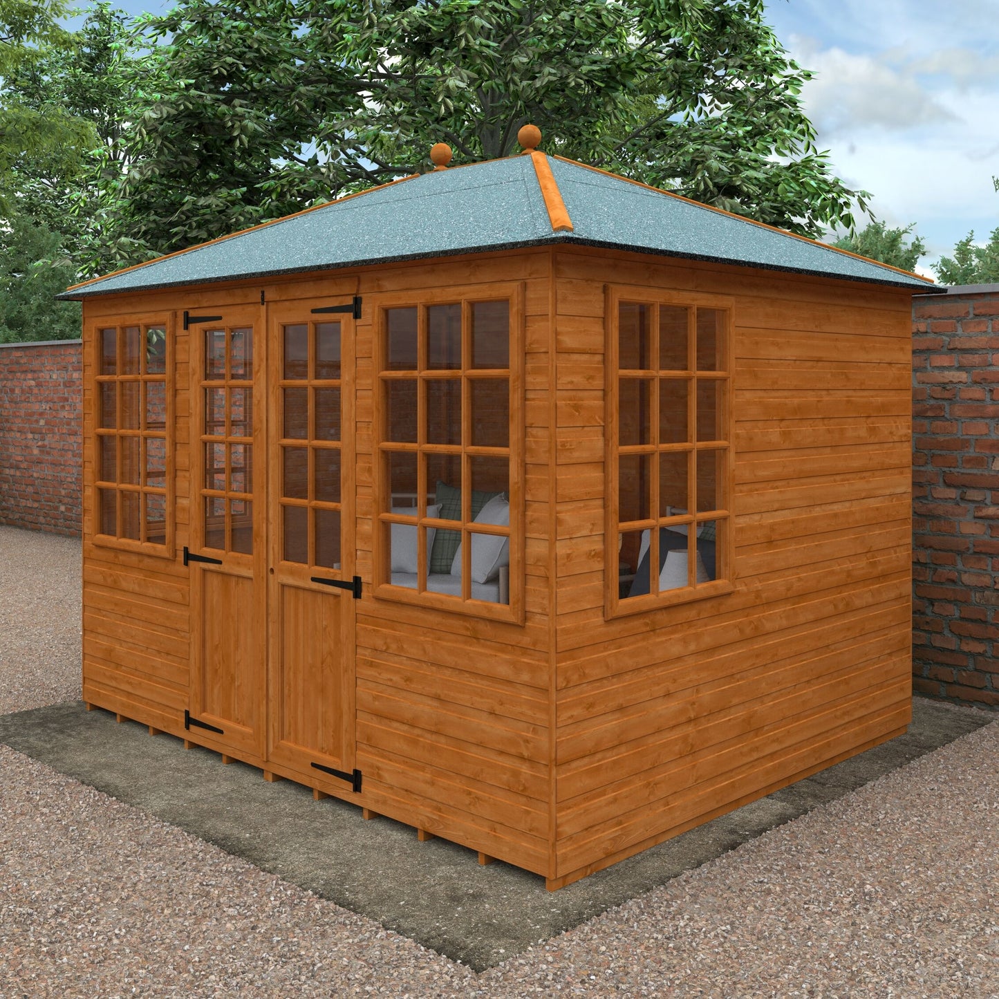 Pavilion wooden garden summerhouse with hipped roof and door surrounded by trees and brick wall