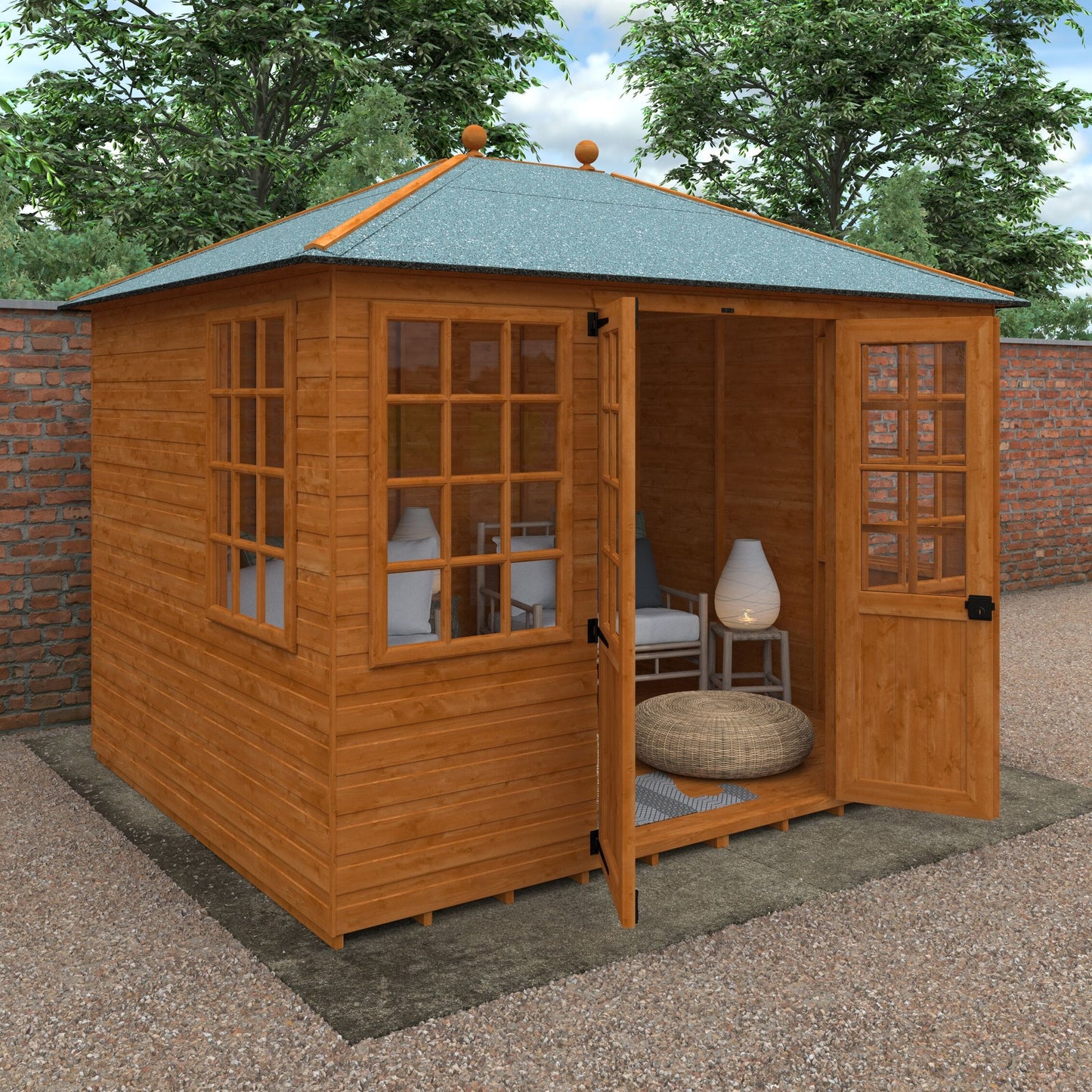 Pavilion wooden garden summerhouse with hipped roof and open door showing interior furniture and decor, surrounded by trees and brick wall