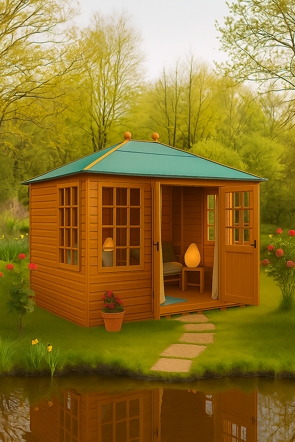 Pavilion wooden garden summerhouse with hipped green roof, Georgian-style windows, and half-glazed double doors in sunny garden by a pond