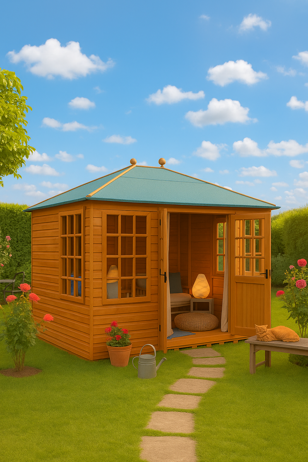 Pavilion wooden garden summerhouse with hipped green roof, Georgian-style windows, and half-glazed double doors in sunny garden setting