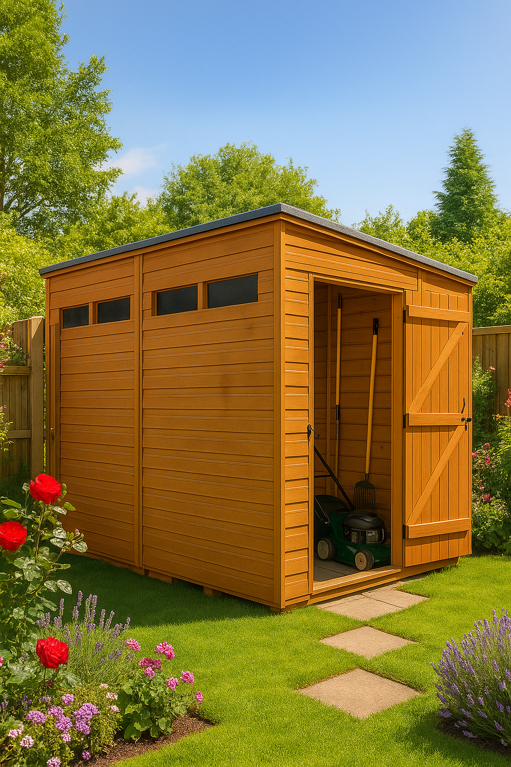 Sentinel wooden garden shed with security slit windows, shiplap tongue-and-groove cladding, and black felt roof in a garden setting by a fence with the door open
