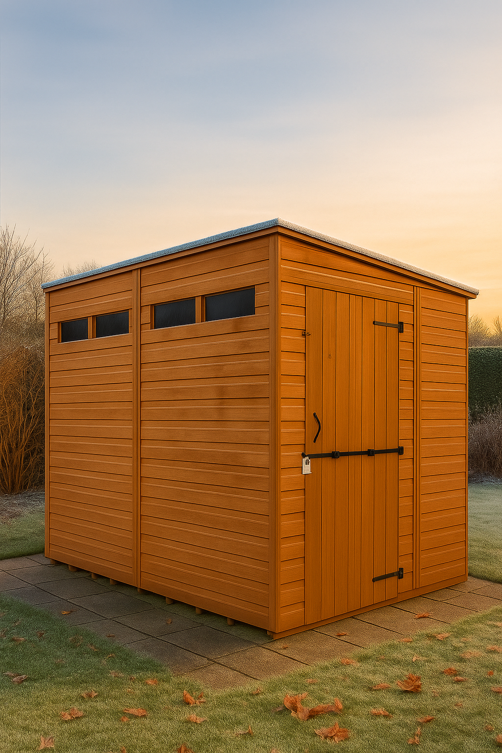 Sentinel wooden garden shed with security slit windows, shiplap tongue-and-groove cladding, and black felt roof winter