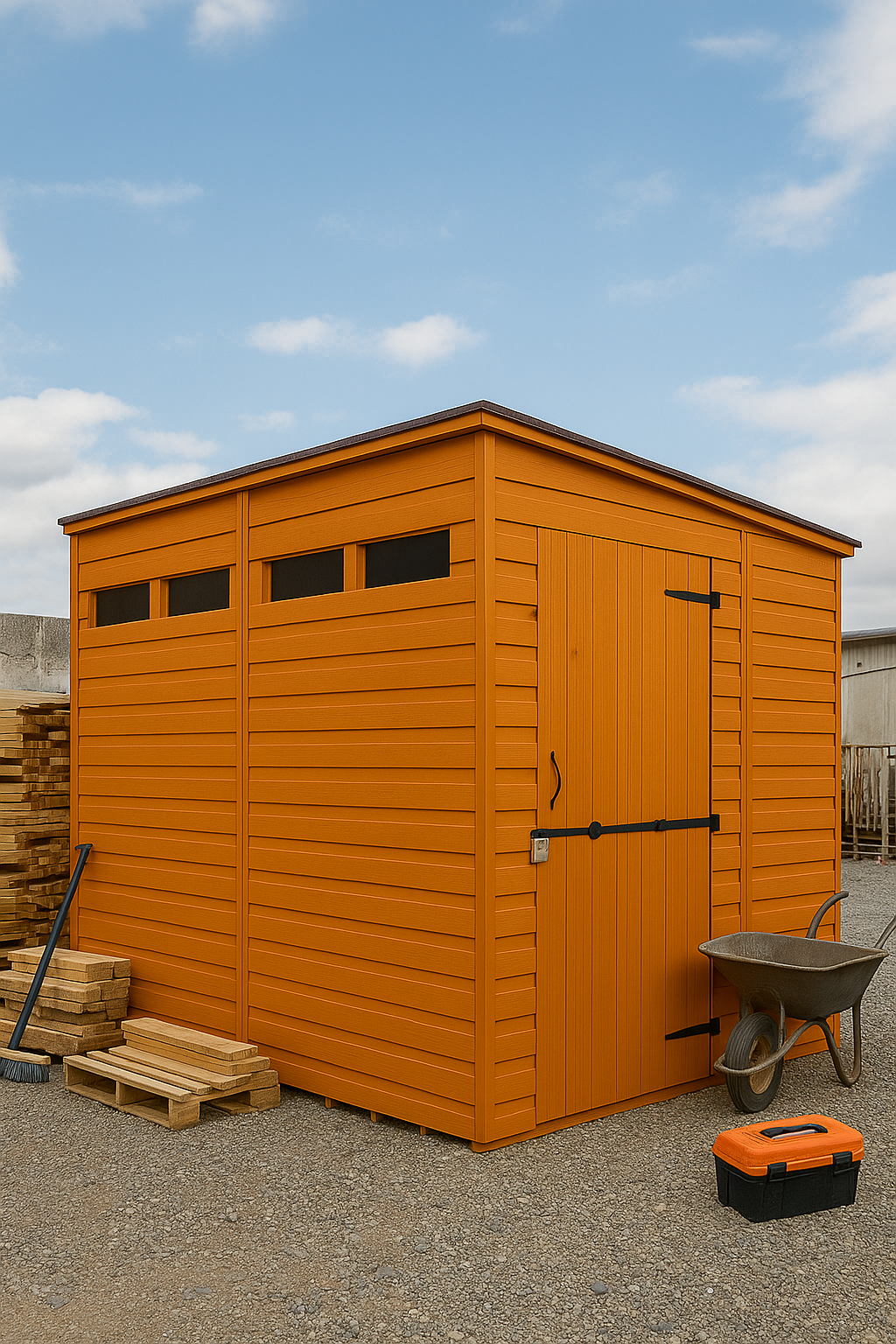 Sentinel wooden garden shed with security slit windows, shiplap tongue-and-groove cladding, and black felt roof Yard