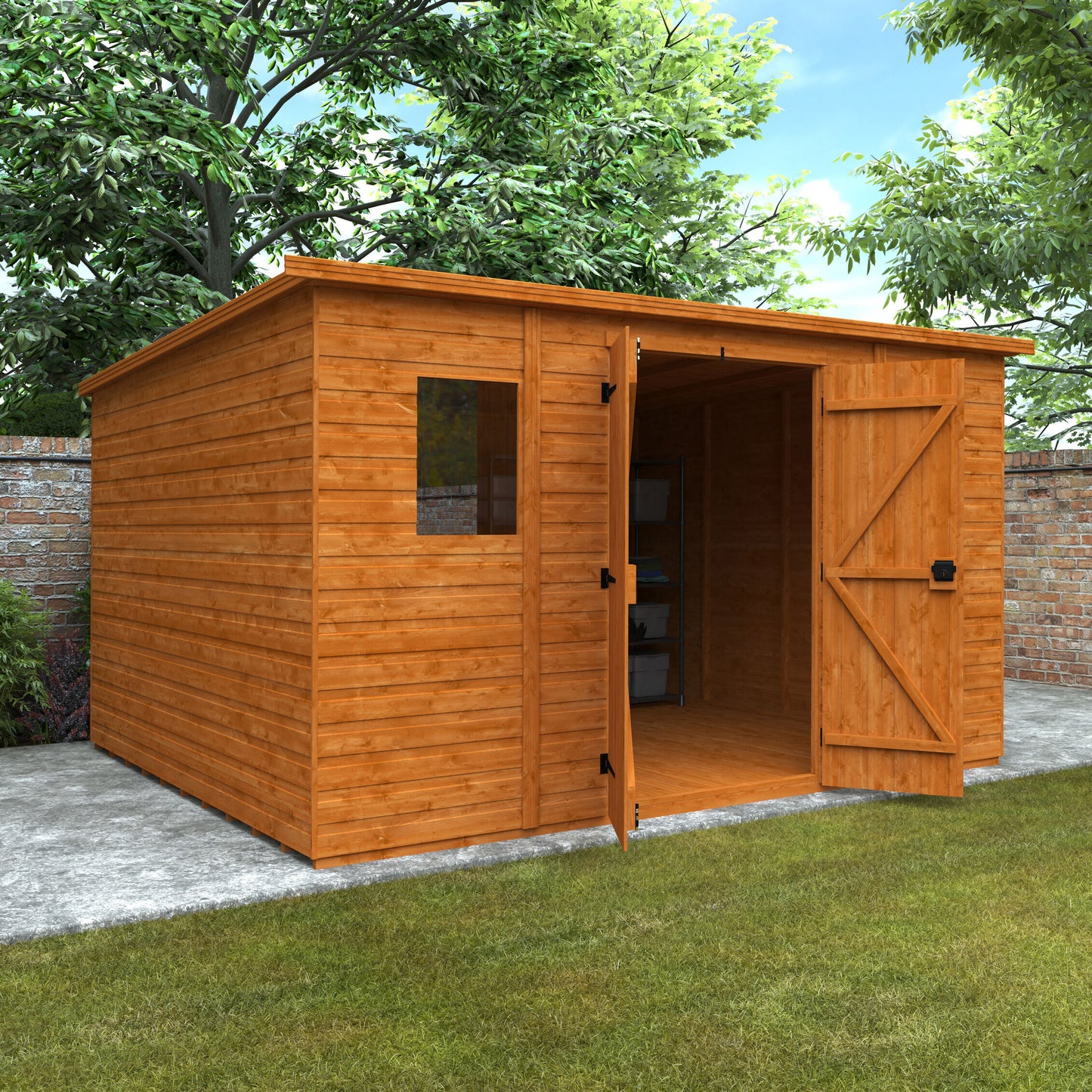 Sidebay wooden garden workshop with flat roof and open door on grassy area with trees and clear sky