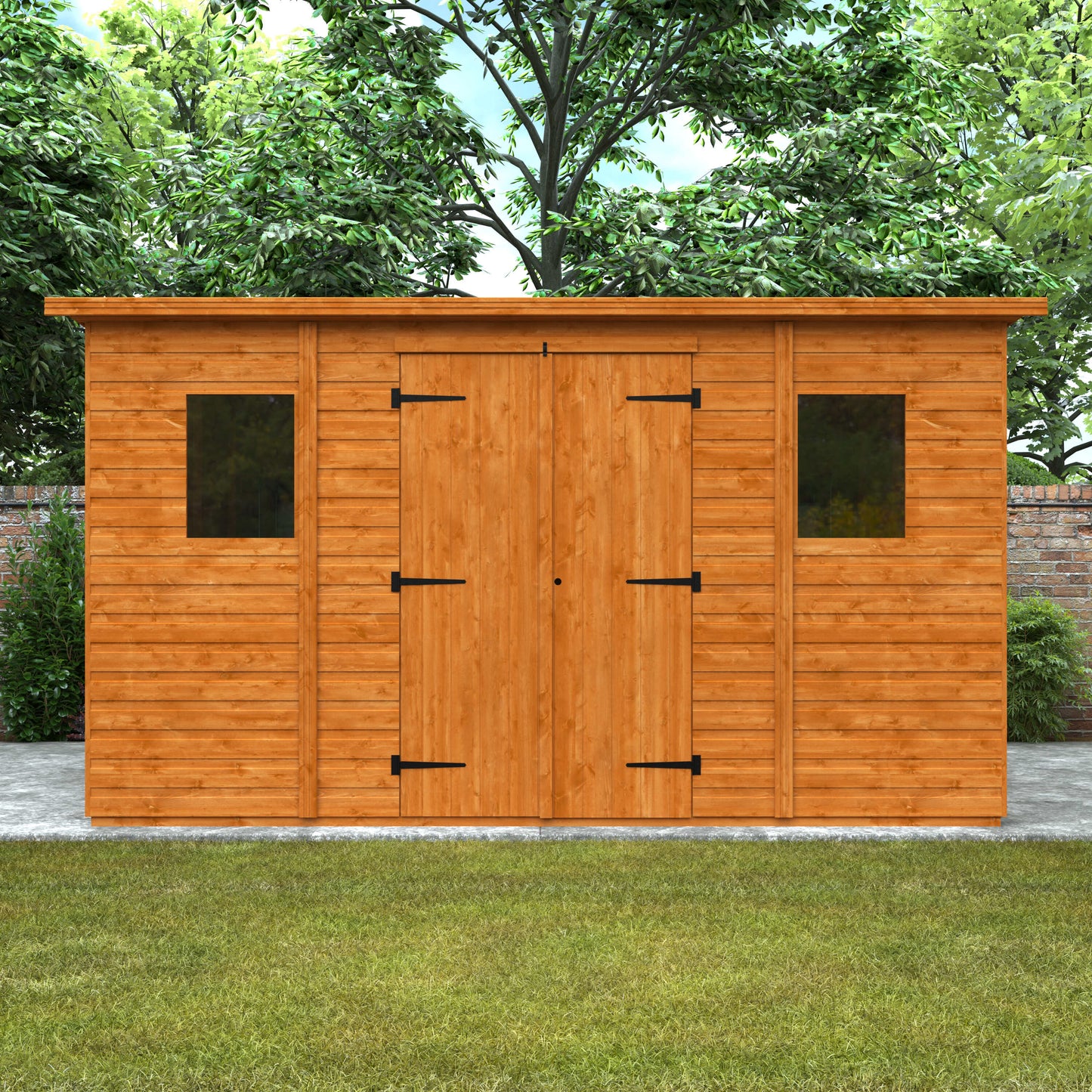 Sidebay wooden garden workshop with flat roof, closed doors
