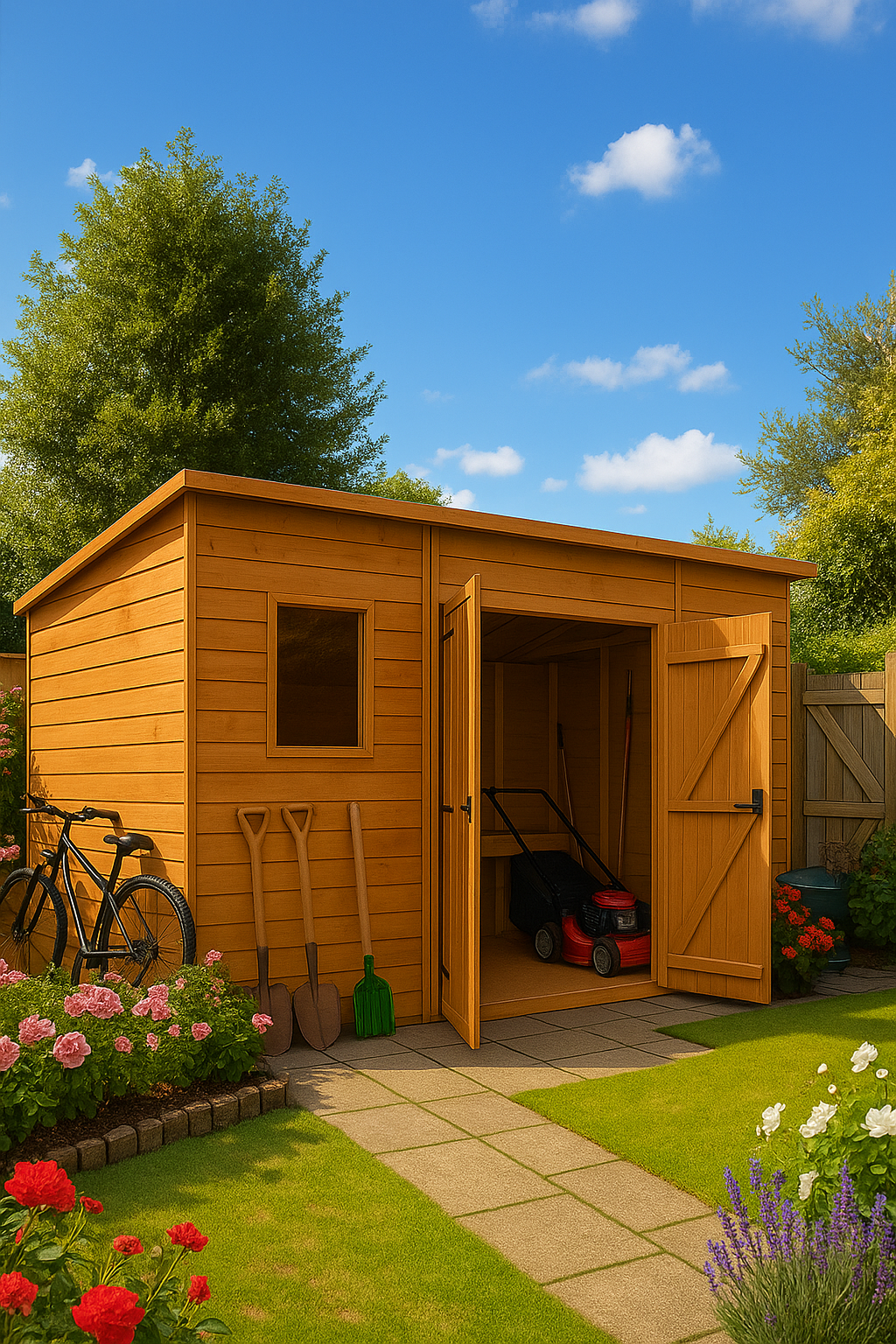 Sidebay wooden garden workshop with flat roof, open door, bicycle, and gardening tools in a English garden under blue sky