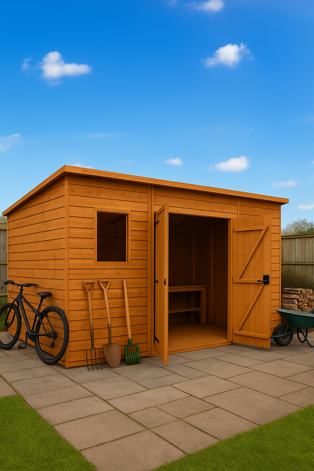 Sidebay wooden garden workshop with flat roof, open door, bicycle, and gardening tools on tiled patio under blue sky