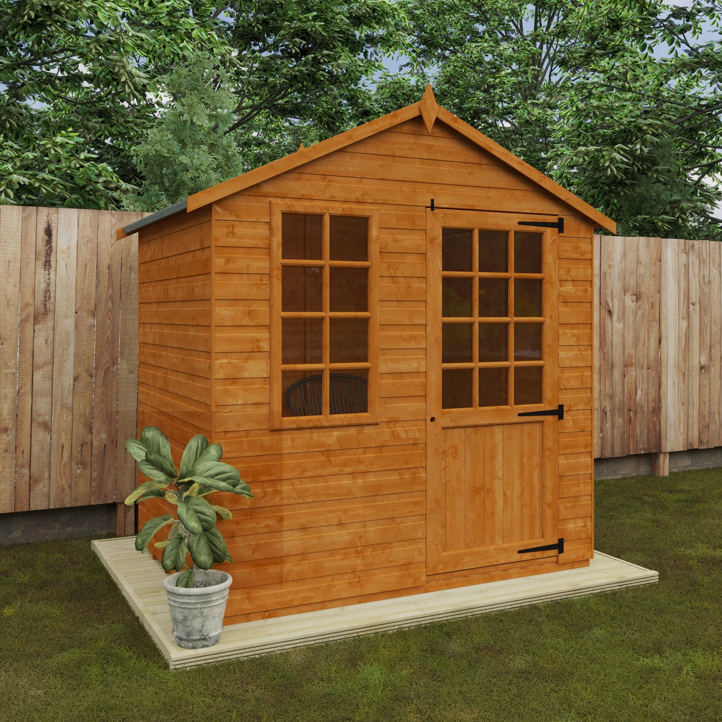 Summer Breeze wooden garden room with half-glazed Georgian door, opening window, and shiplap cladding, potted plant in front, surrounded by trees and wooden fence
