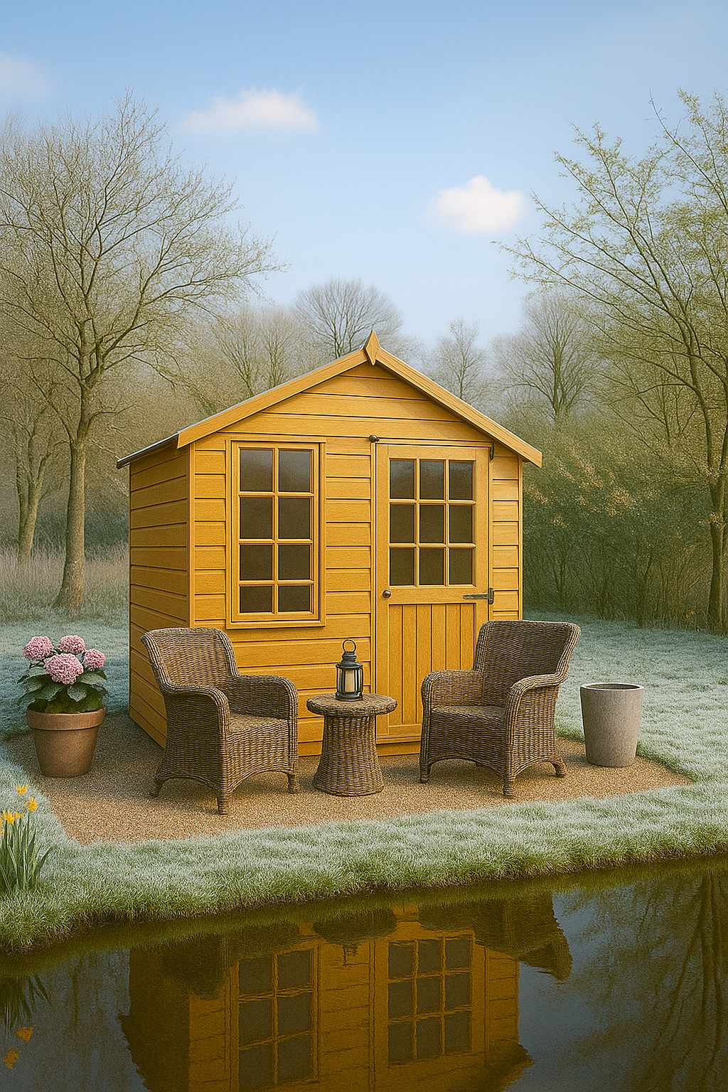 Summer Breeze wooden garden room with half-glazed Georgian door, opening window by a water feature, and outdoor furniture on frosty winters day