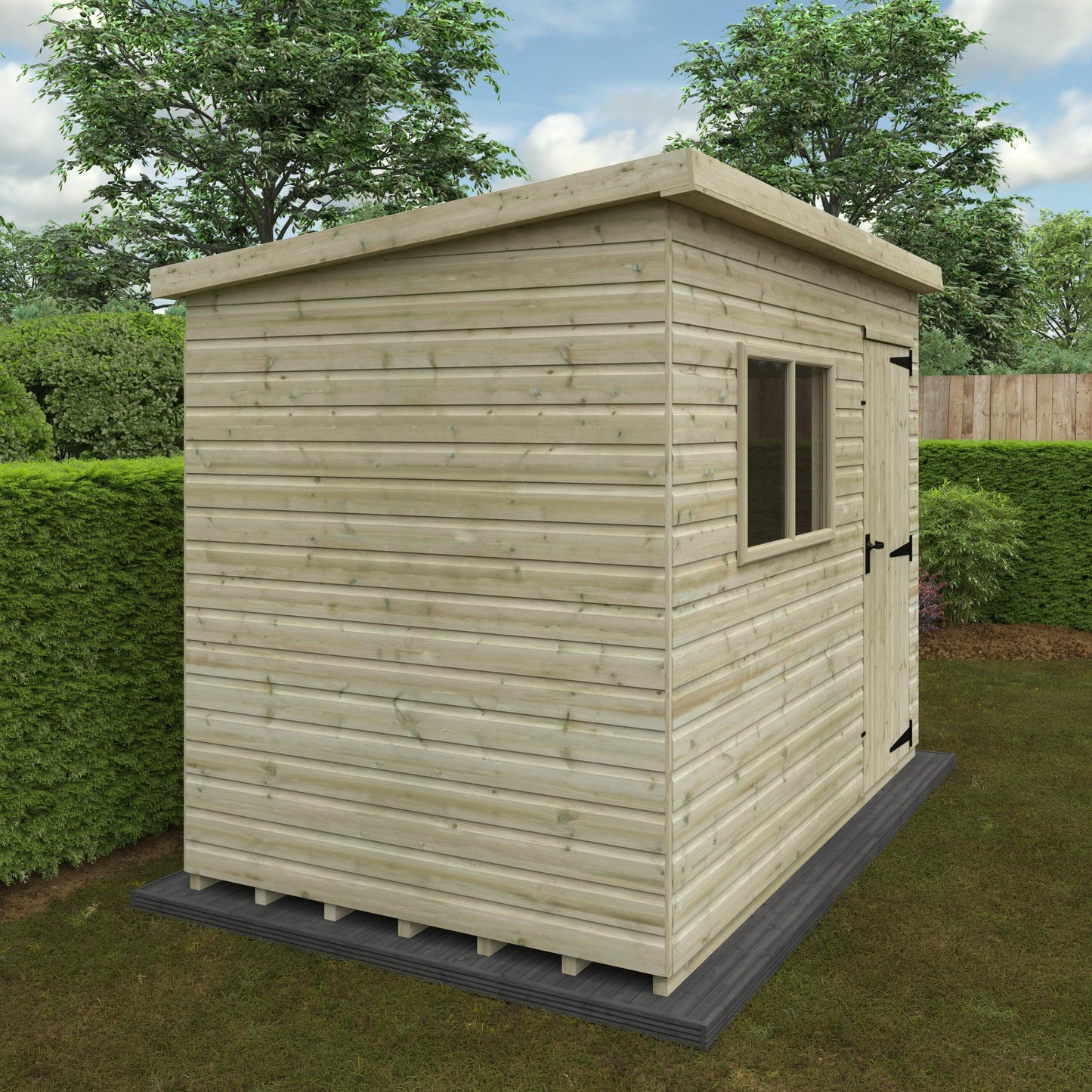 Summit wooden pent shed with tongue-and-groove cladding, tools on grassy area