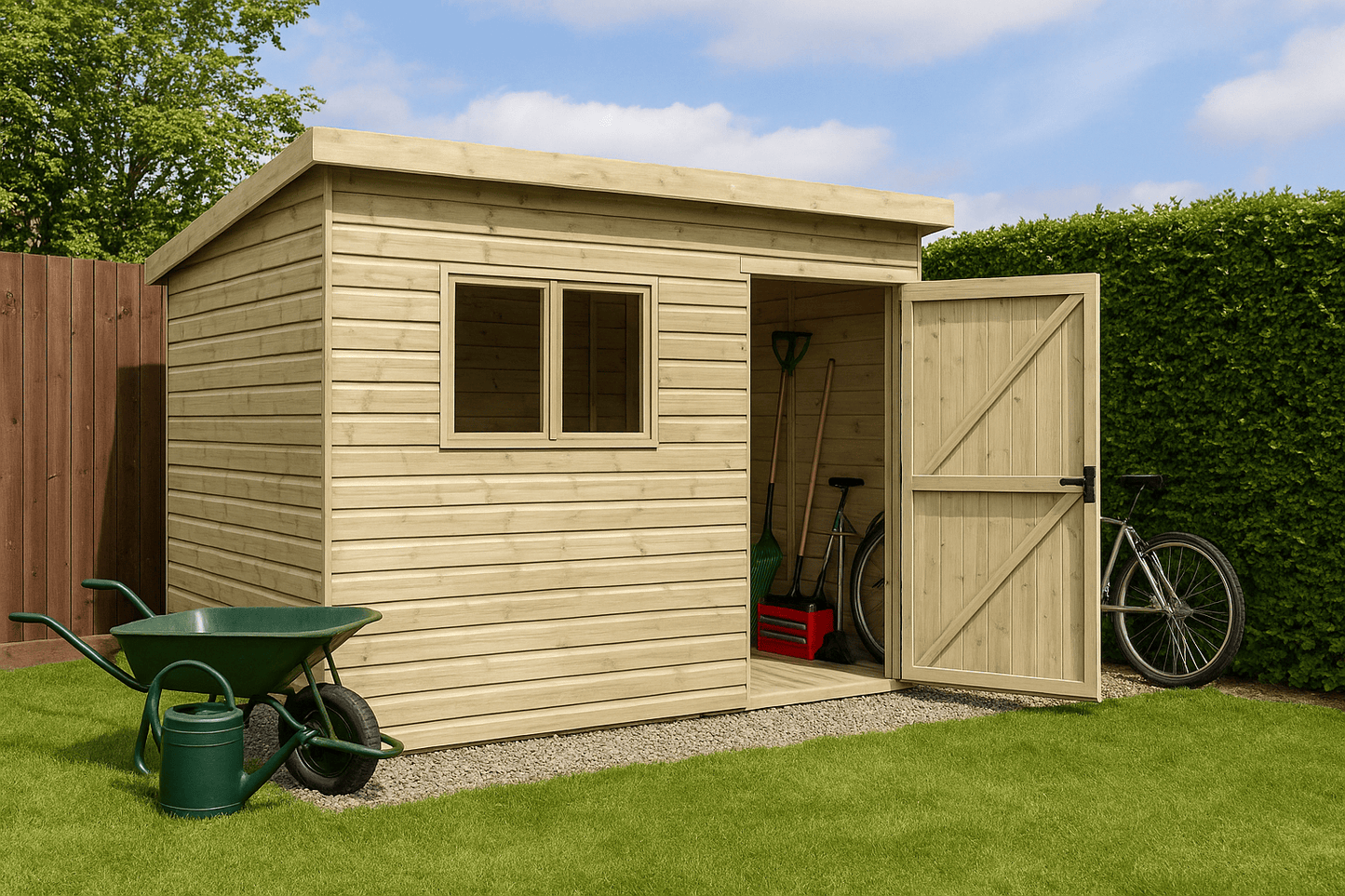 Summit wooden pent shed with tongue-and-groove cladding, tools, and wheelbarrow on grassy area