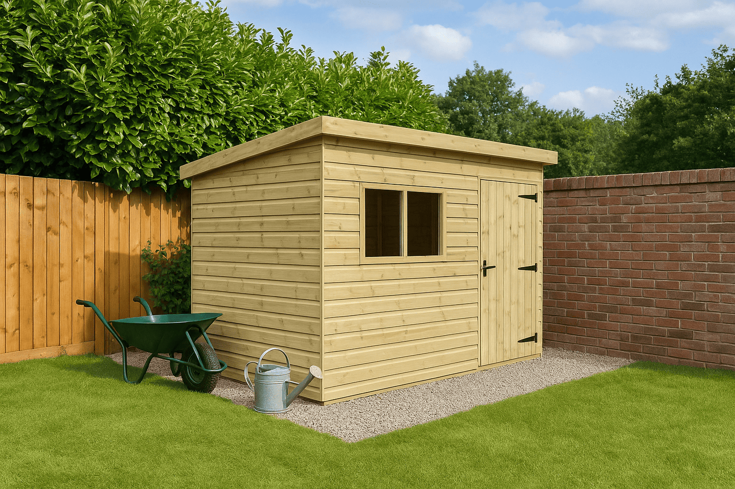 Summit wooden pent shed with tongue-and-groove cladding, tools, and wheelbarrow on grassy area
