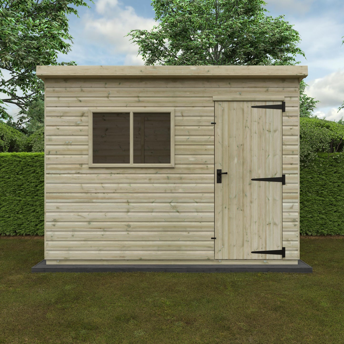 Summit wooden pent shed with tongue-and-groove cladding, tool on grassy area