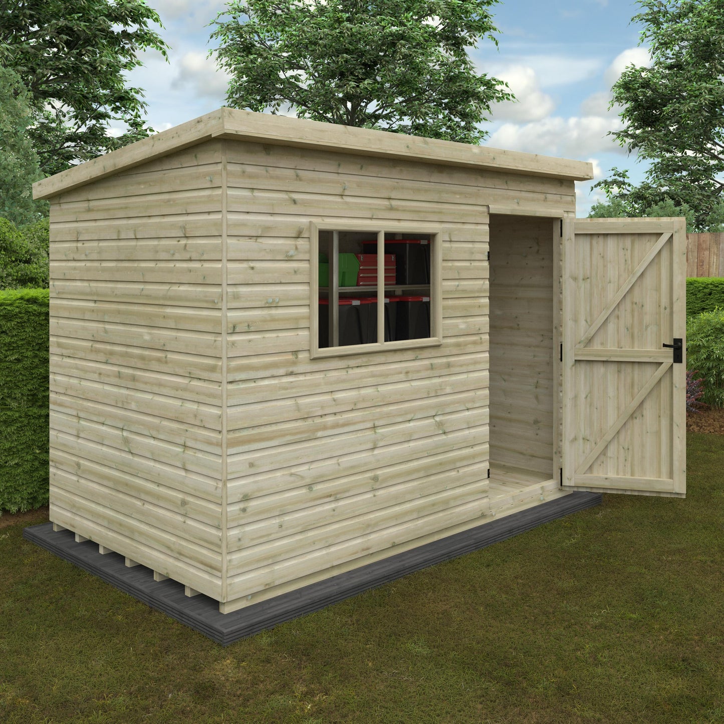 Summit wooden pent shed with tongue-and-groove cladding, tools on grassy area