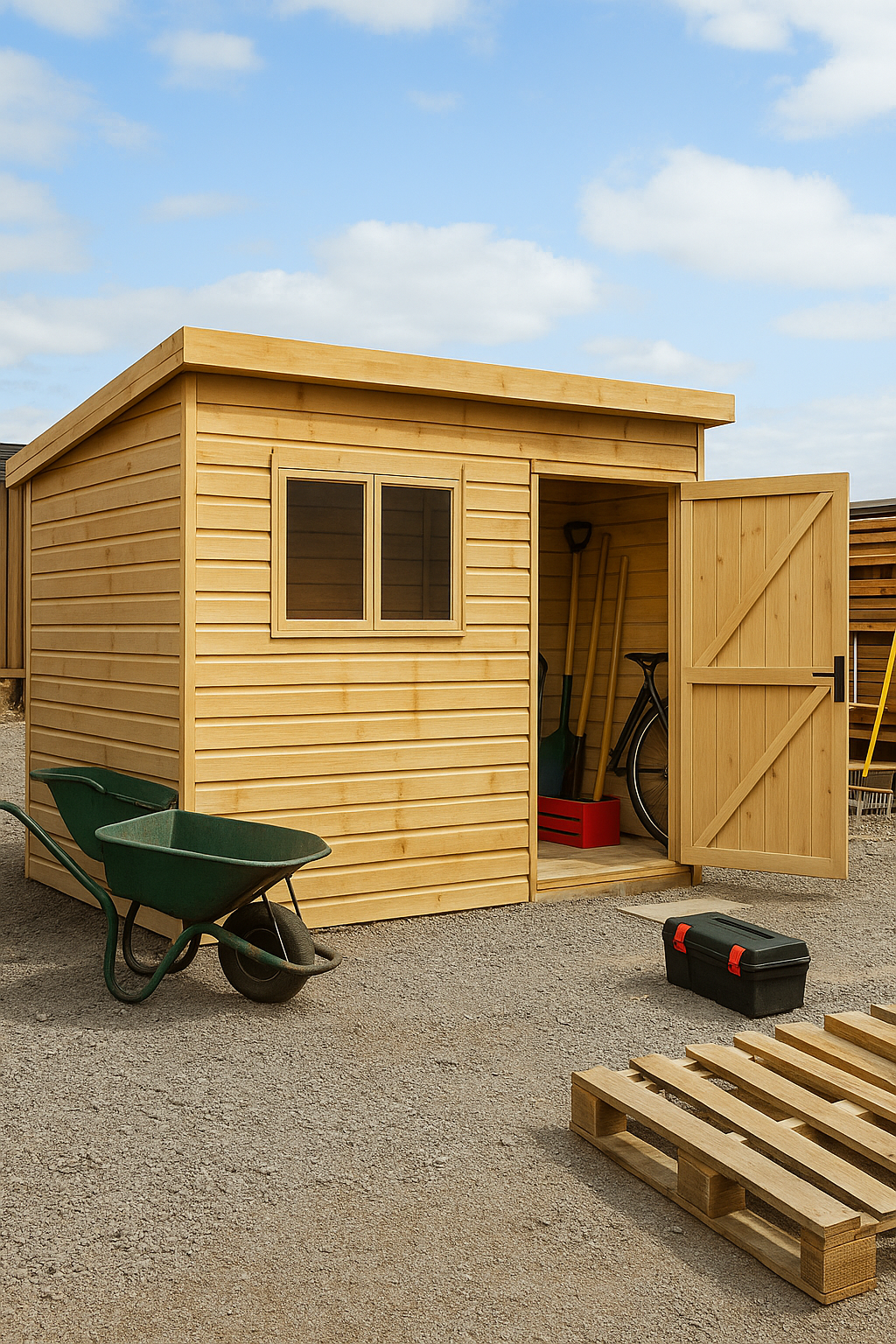 Summit wooden pent shed with extra-thick tongue-and-groove cladding, open door, and black felt roof in a workshop setting