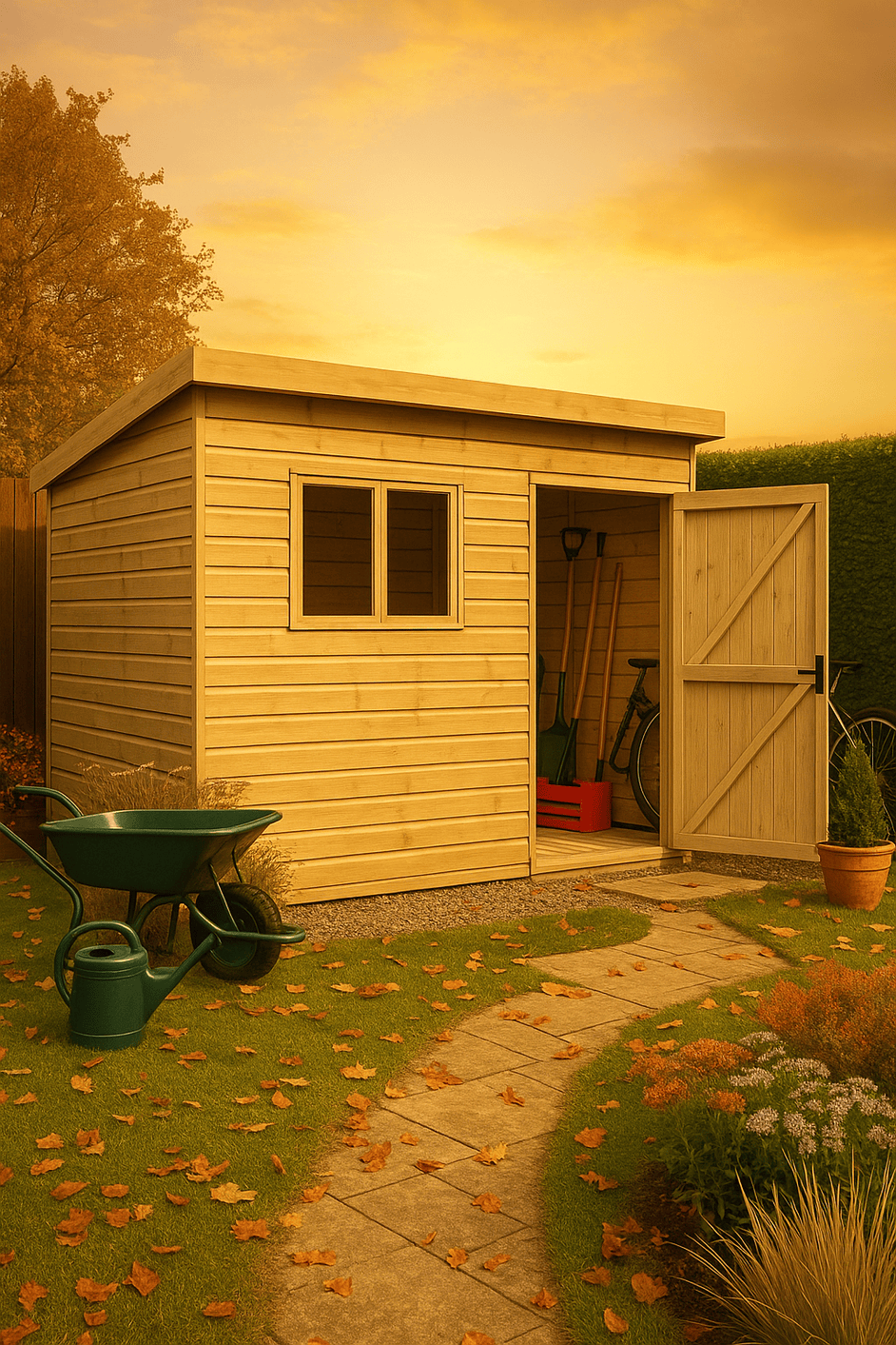 Summit wooden pent shed with extra-thick tongue-and-groove cladding, open door, and black felt roof in garden at sunset