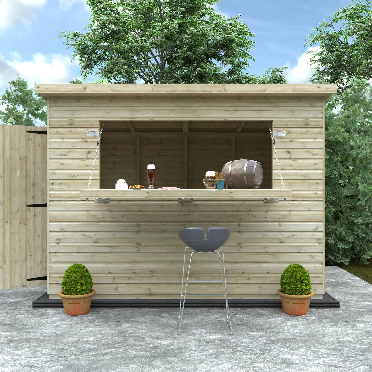Taproom wooden outdoor bar with stools, drinks, and fold-down serving hatch surrounded by garden greenery