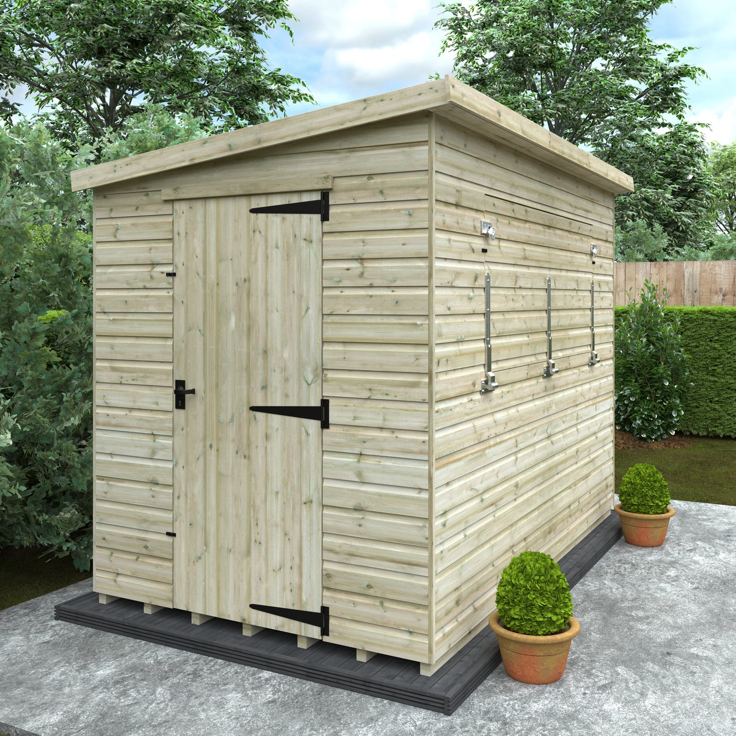 Taproom wooden garden shed with door, windows, and fold-down serving hatch on concrete slab with potted plants and trees