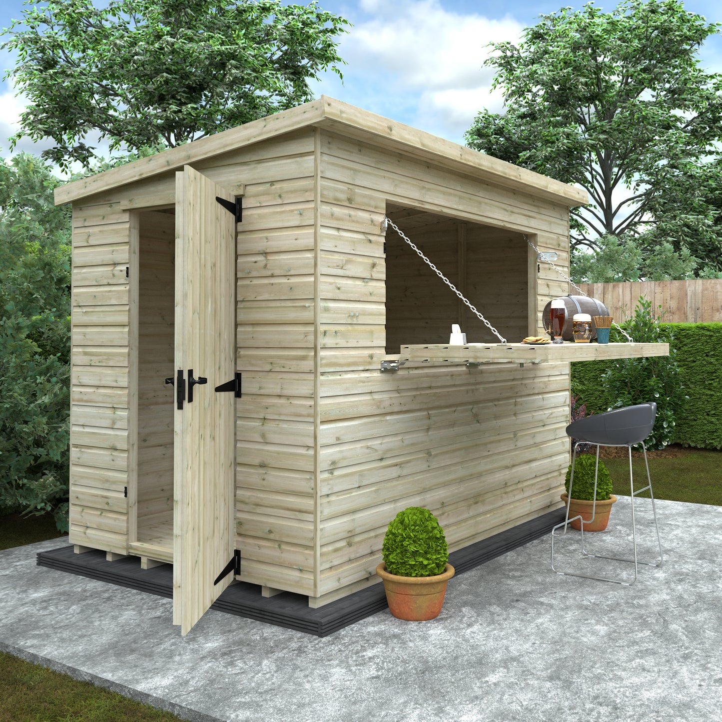 Taproom wooden garden shed with open door, fold-down serving hatch, and shiplap cladding in garden setting